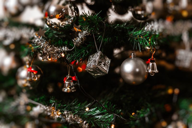 small silver ornaments with garlands